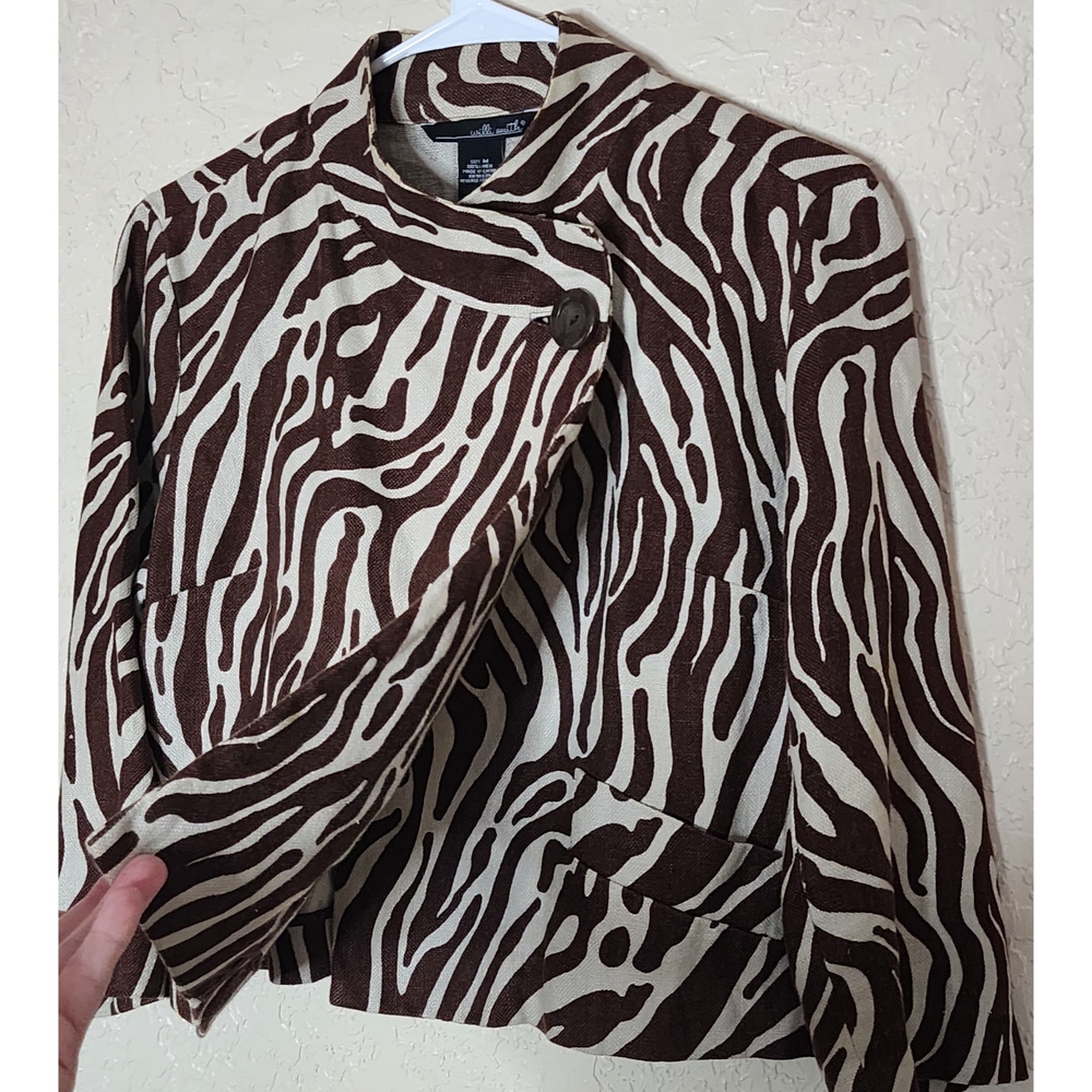 Willi Smith Brown and White Zebra Print Women's Jacket 100% Linen Size M - Picture 2 of 9
